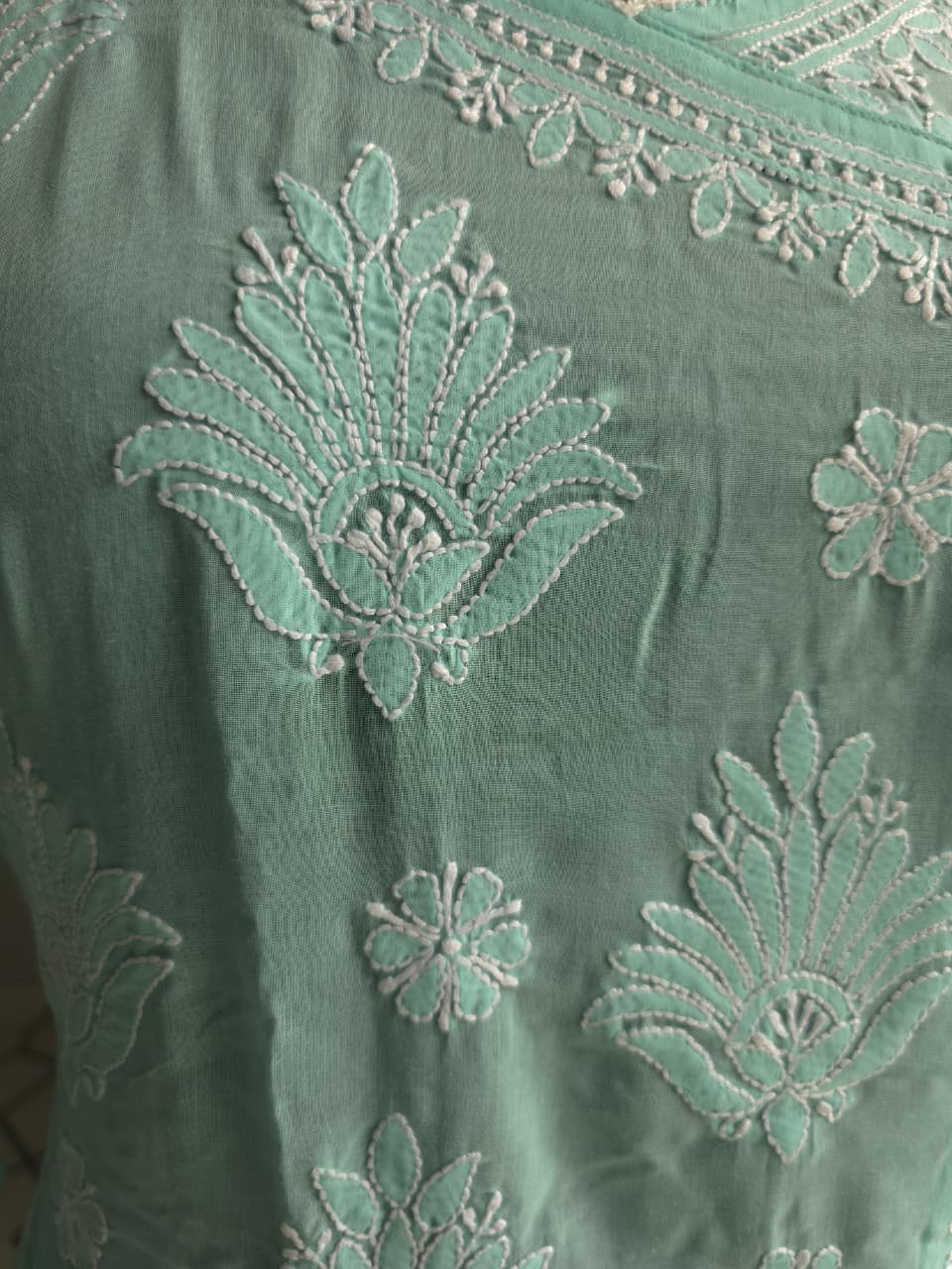 Sea Green A line soft cotton angarkha with chikankari