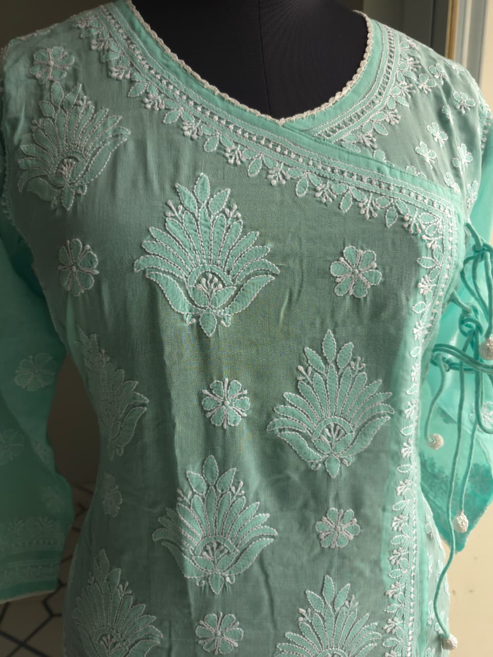 Sea Green A line soft cotton angarkha with chikankari