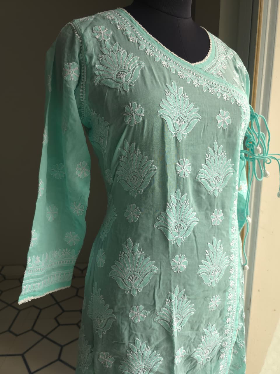 Sea Green A line soft cotton angarkha with chikankari