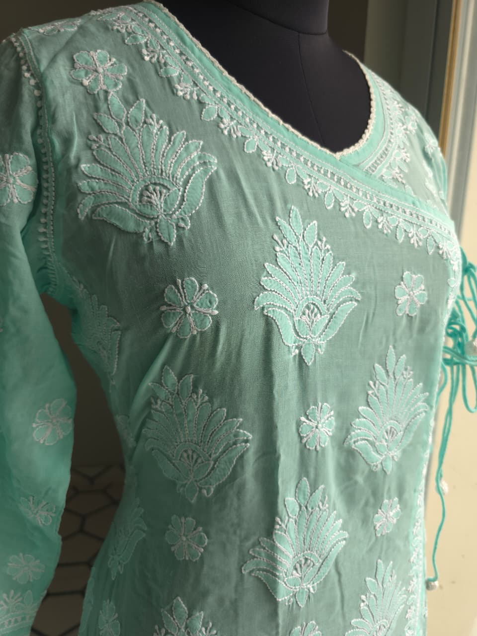 Sea Green A line soft cotton angarkha with chikankari