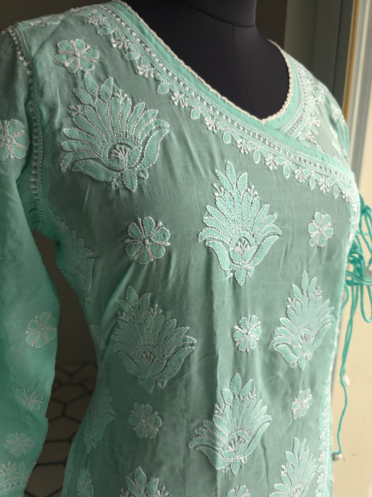 Image of Sea Green A line soft cotton angarkha with chikankari