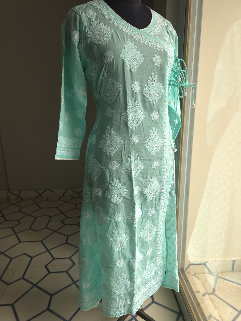 Sea Green A line soft cotton angarkha with chikankari