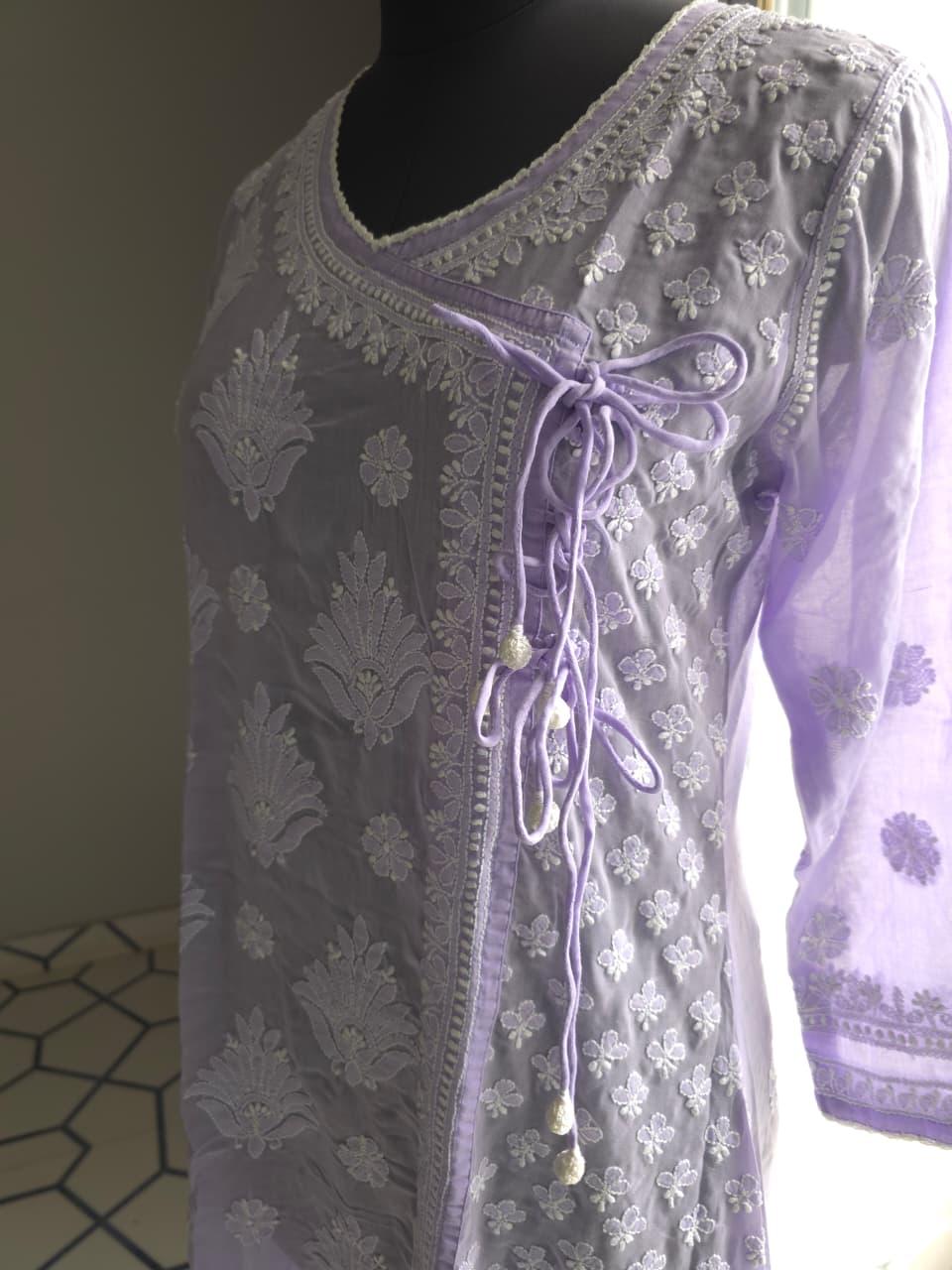 Lavender A line soft cotton angarkha with chikankari