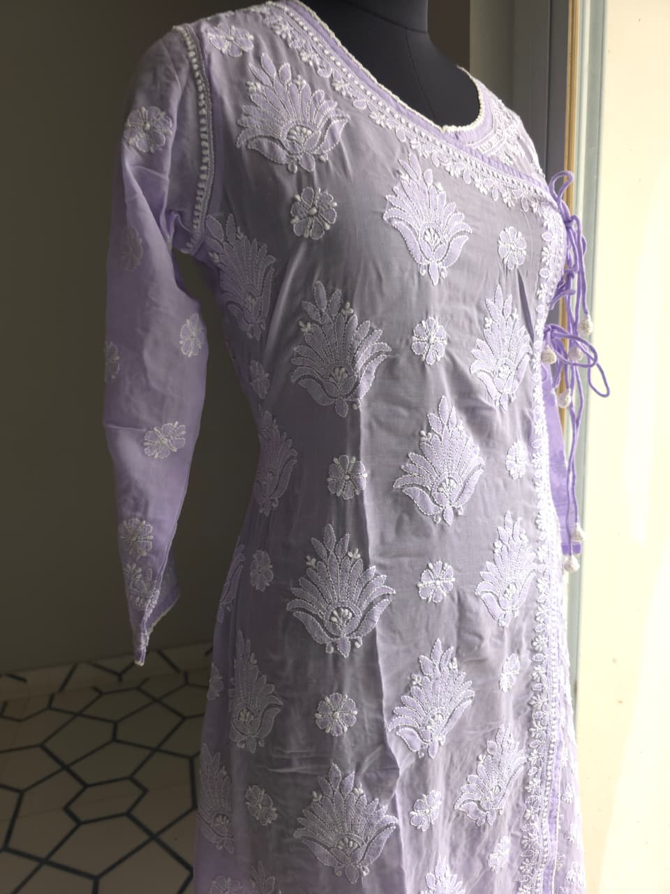 Lavender A line soft cotton angarkha with chikankari