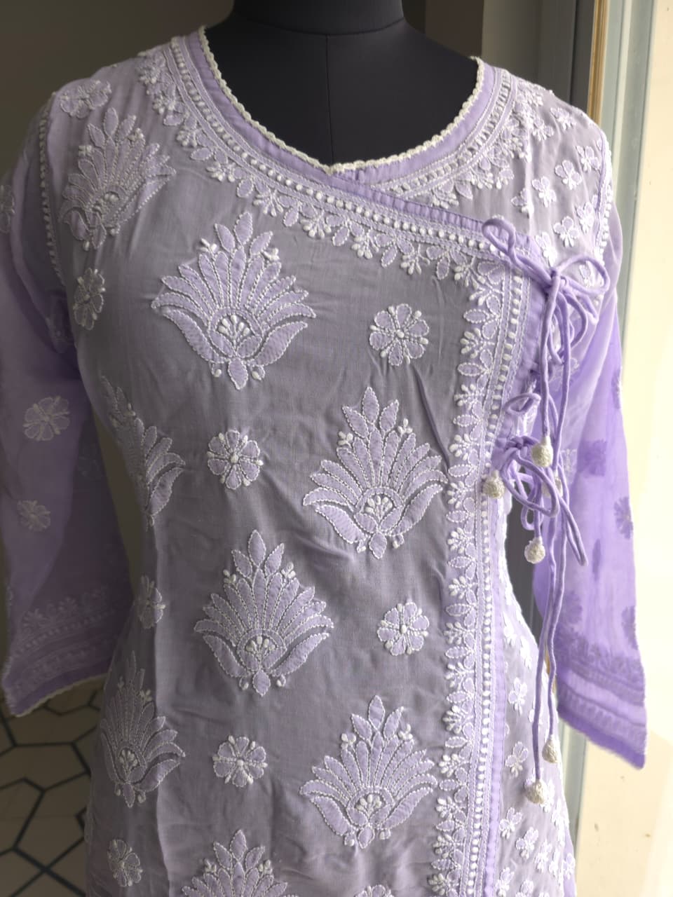 Lavender A line soft cotton angarkha with chikankari
