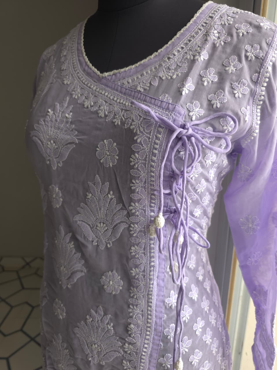 Lavender A line soft cotton angarkha with chikankari