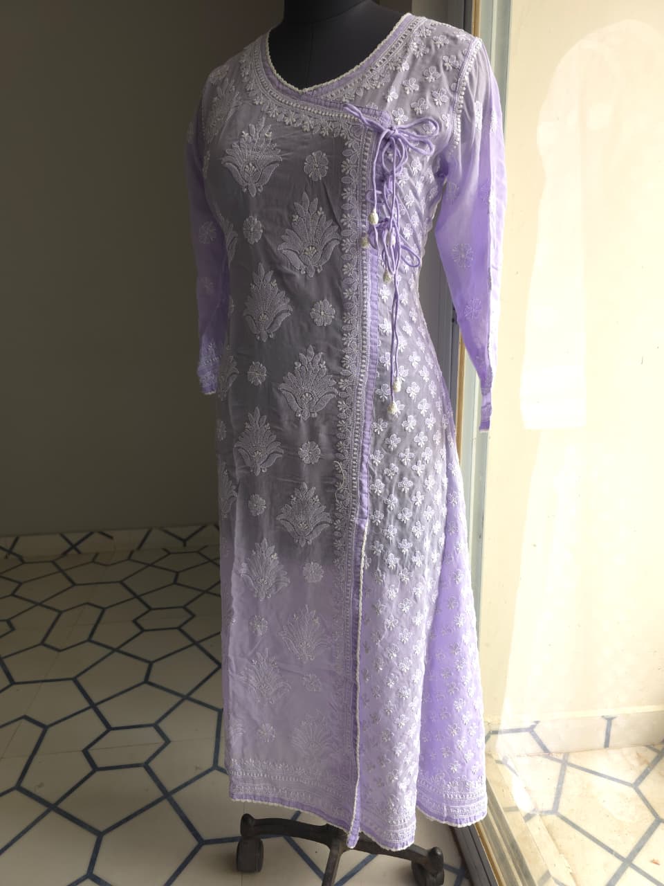 Lavender A line soft cotton angarkha with chikankari