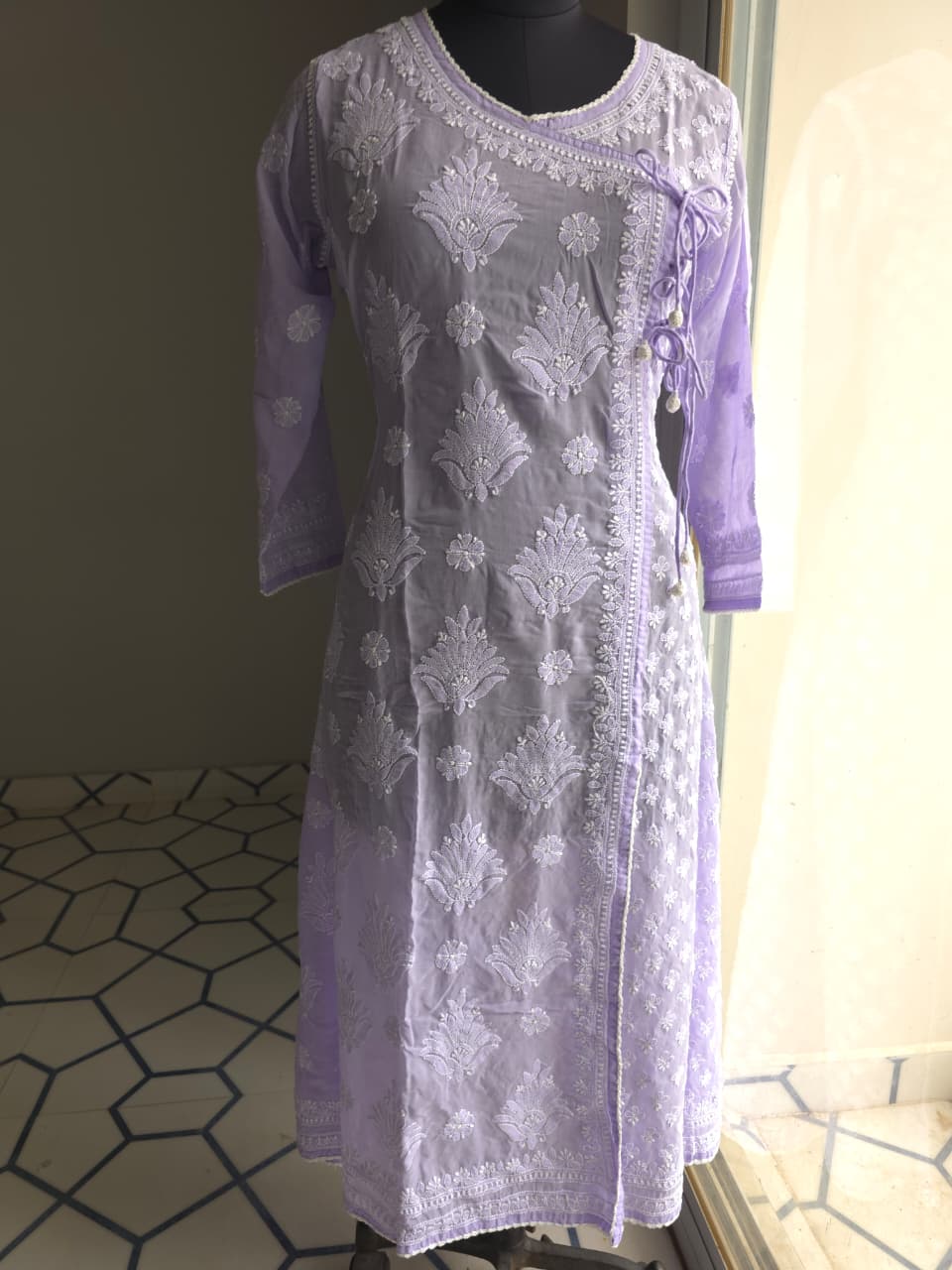 Lavender A line soft cotton angarkha with chikankari