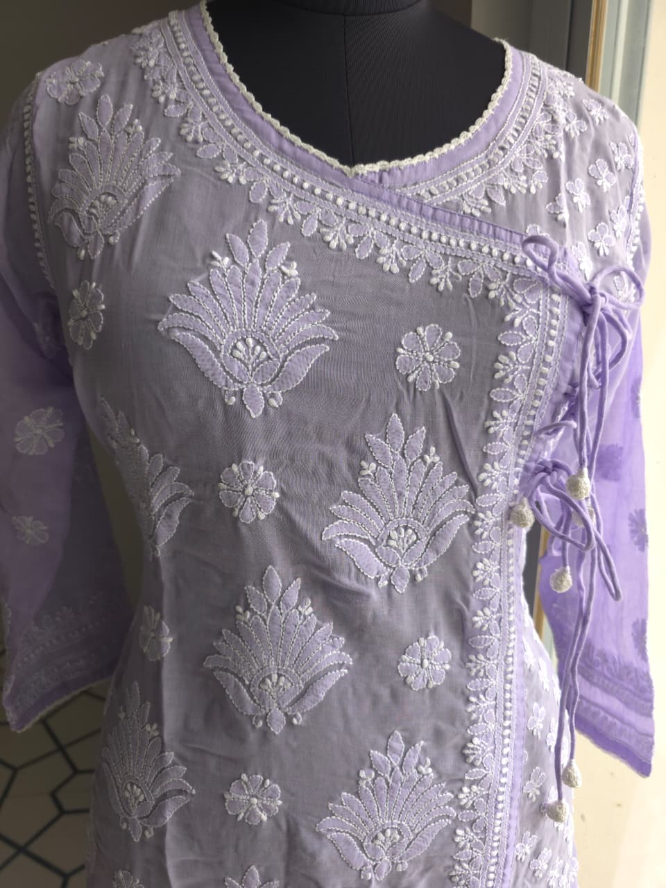 Lavender A line soft cotton angarkha with chikankari