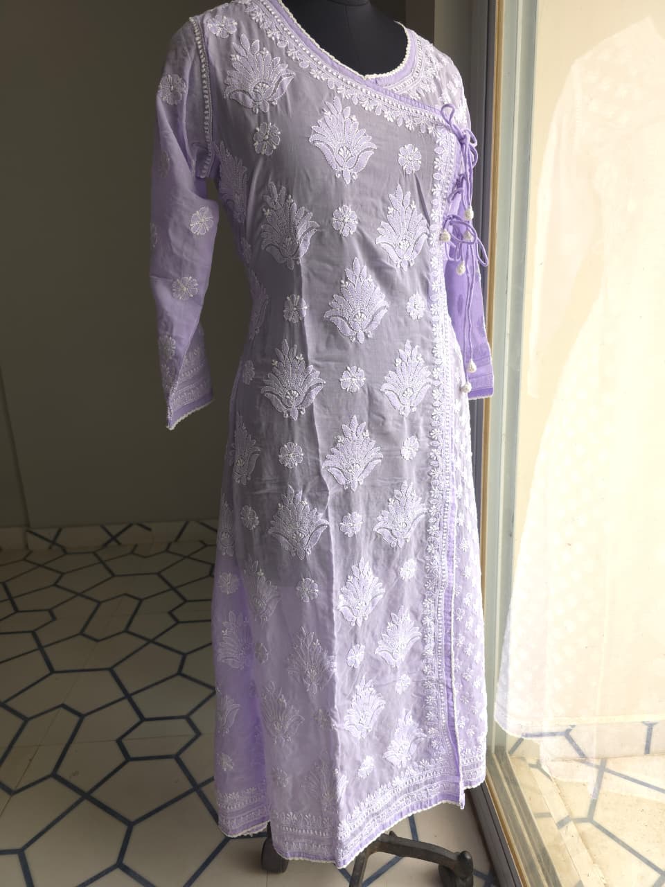 Lavender A line soft cotton angarkha with chikankari
