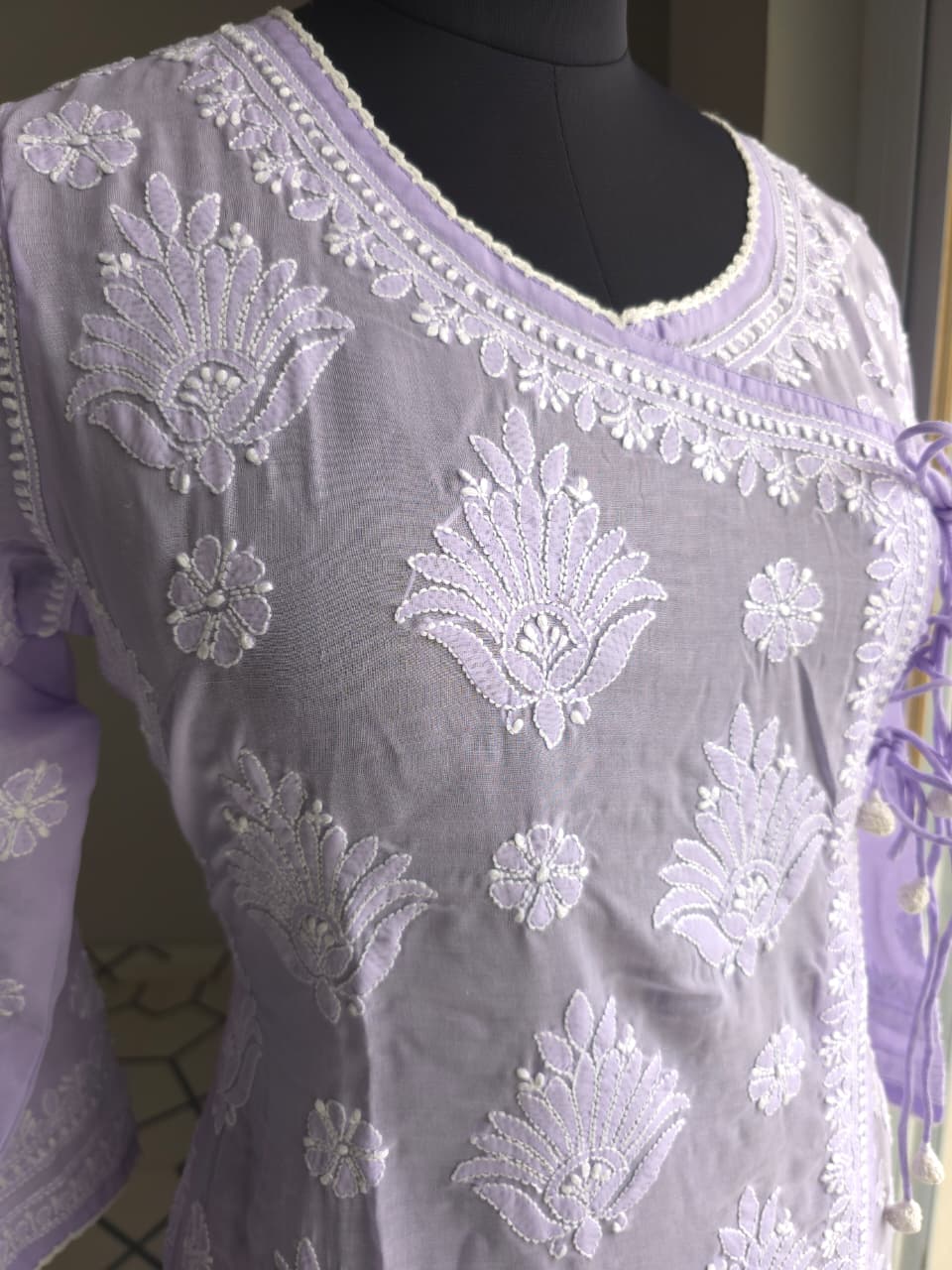 Lavender A line soft cotton angarkha with chikankari