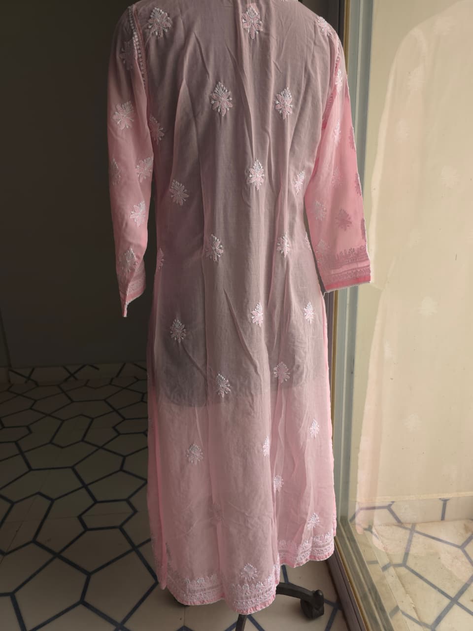 Pink A line soft cotton angarkha With Chikankari