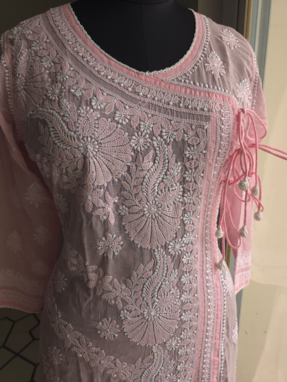 Pink A line soft cotton angarkha With Chikankari
