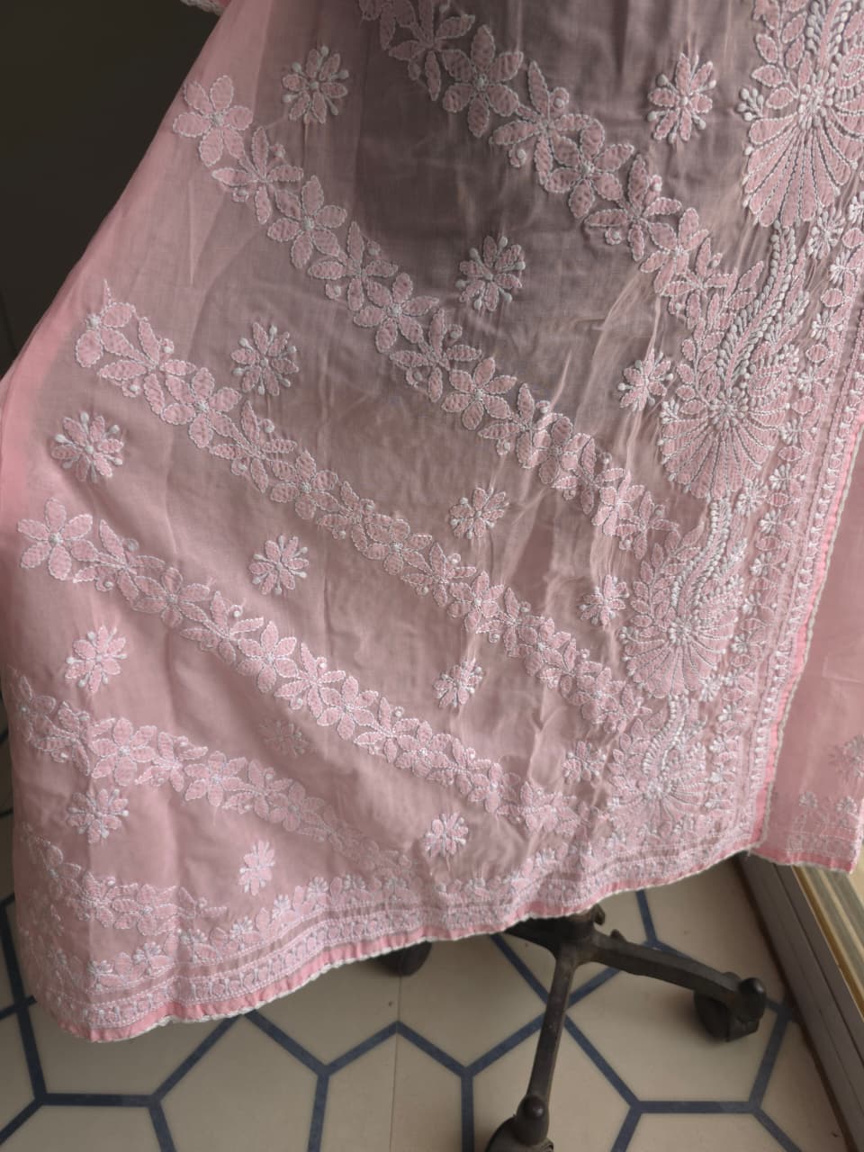 Pink A line soft cotton angarkha With Chikankari