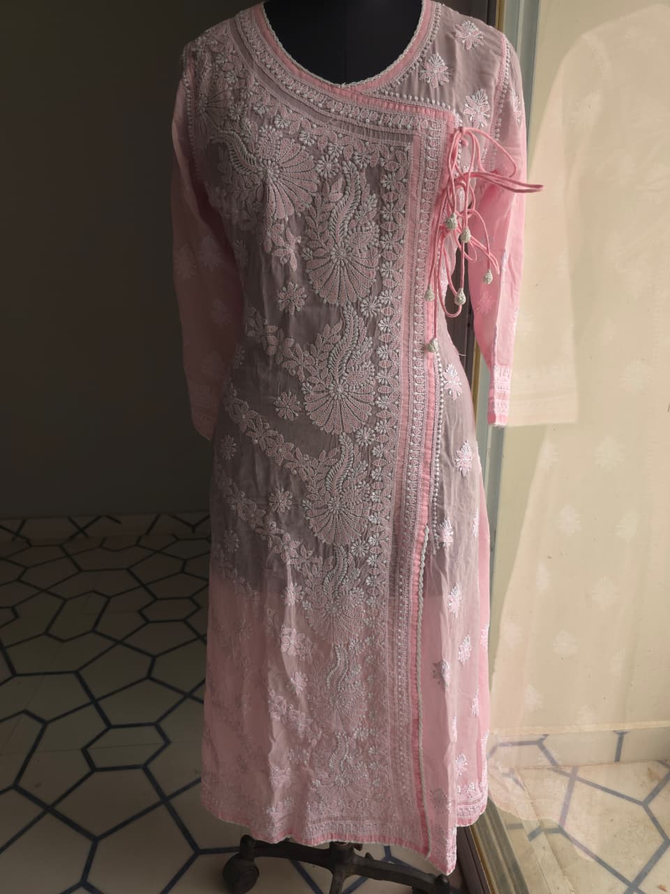 Pink A line soft cotton angarkha With Chikankari