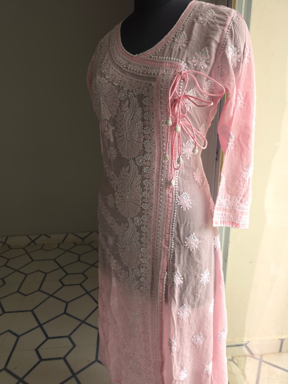 Pink A line soft cotton angarkha With Chikankari
