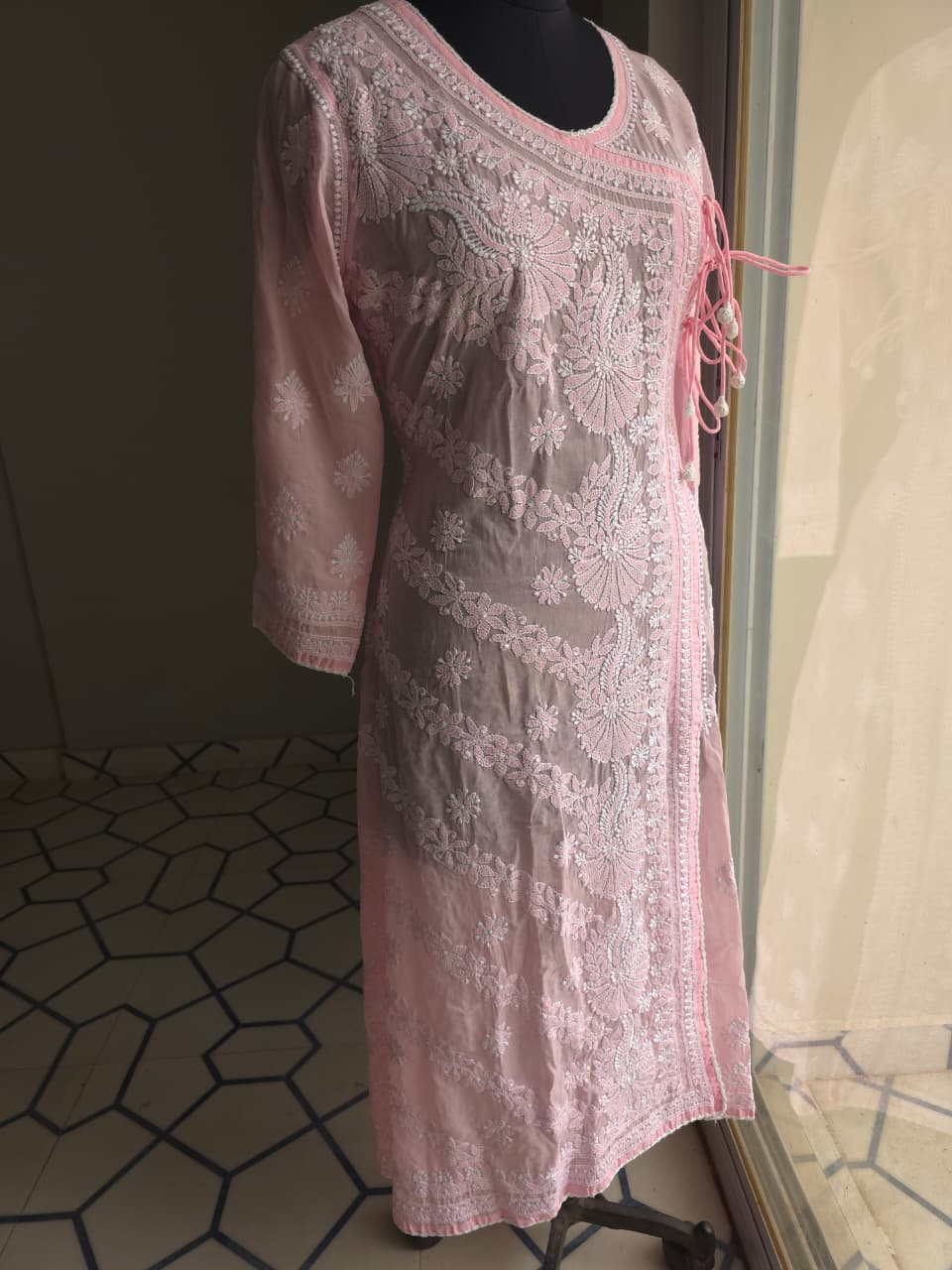 Pink A line soft cotton angarkha With Chikankari