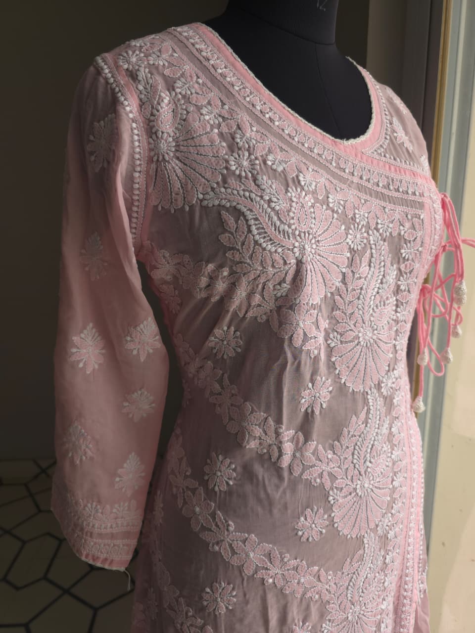Pink A line soft cotton angarkha With Chikankari