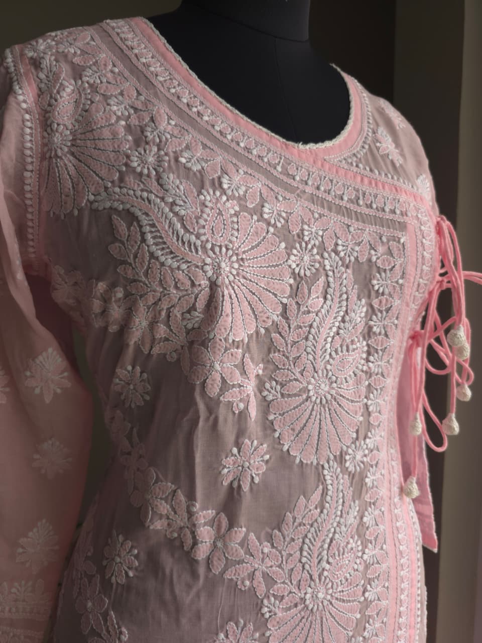 Pink A line soft cotton angarkha With Chikankari