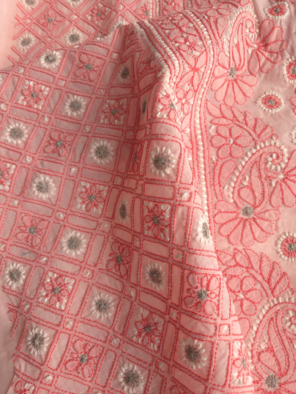 Peachish Pink Premium Cotton full set with contrast handwork
