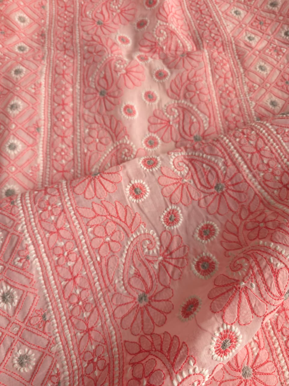 Peachish Pink Premium Cotton full set with contrast handwork