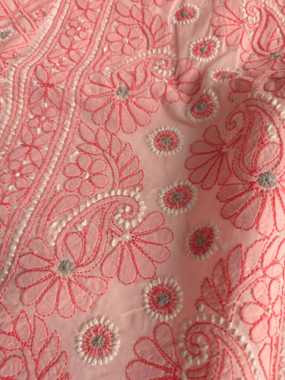 Peachish Pink Premium Cotton full set with contrast handwork