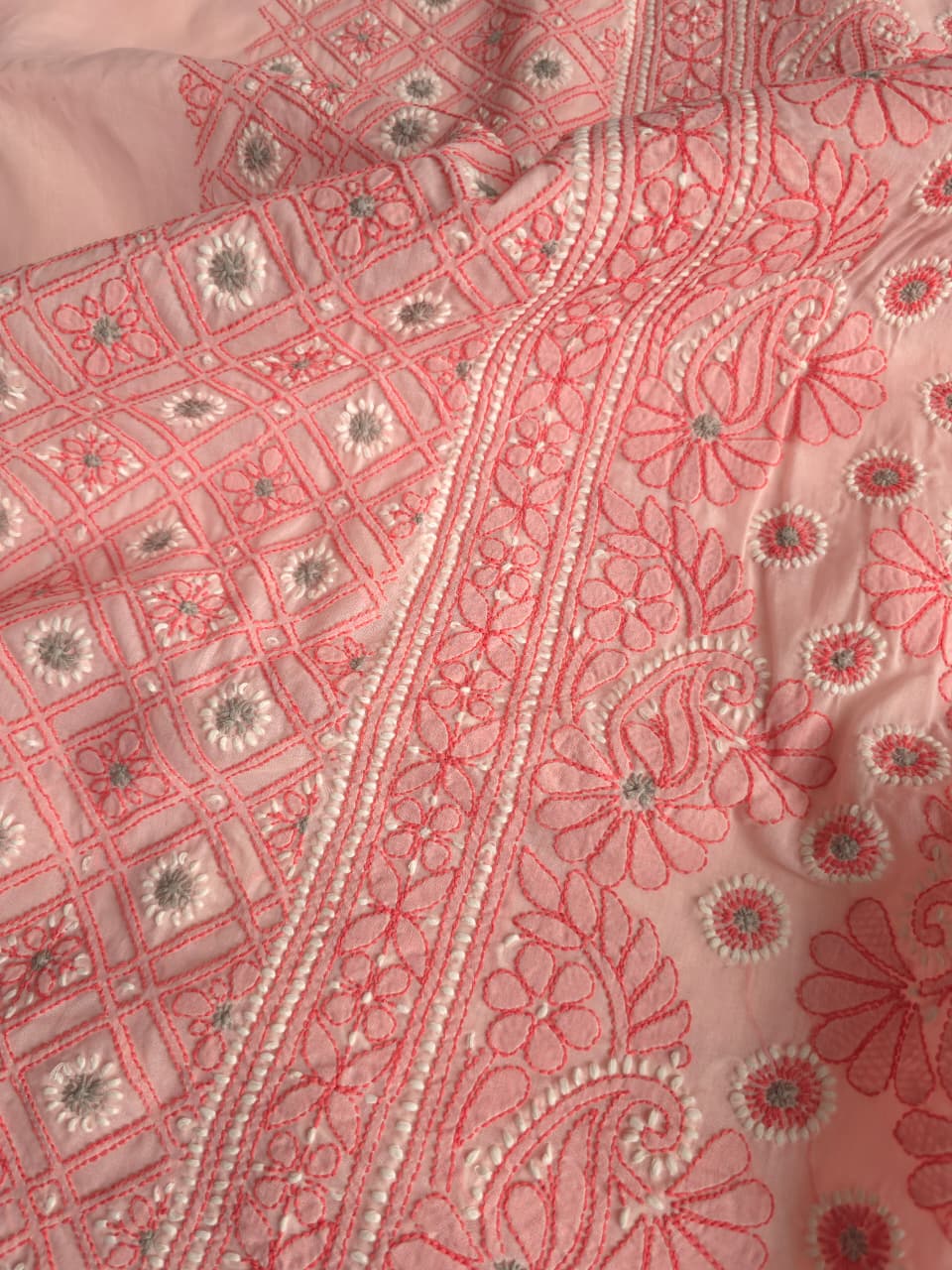 Peachish Pink Premium Cotton full set with contrast handwork