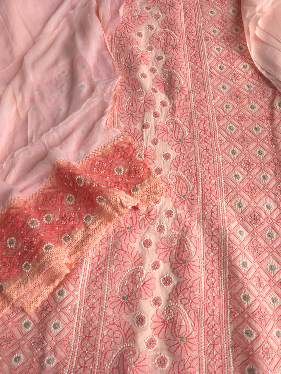 Peachish Pink Premium Cotton full set with contrast handwork