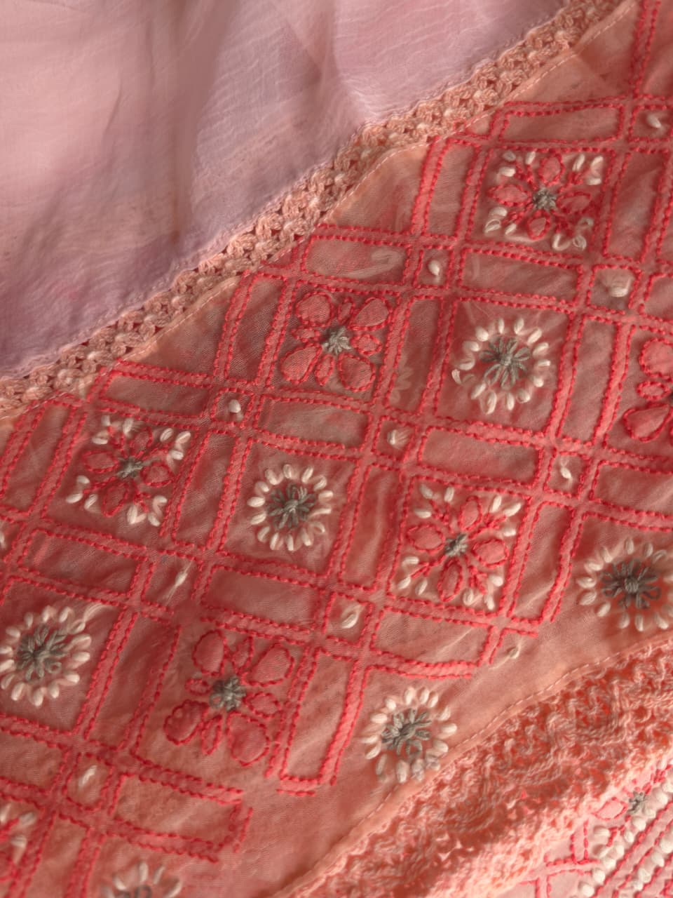 Peachish Pink Premium Cotton full set with contrast handwork