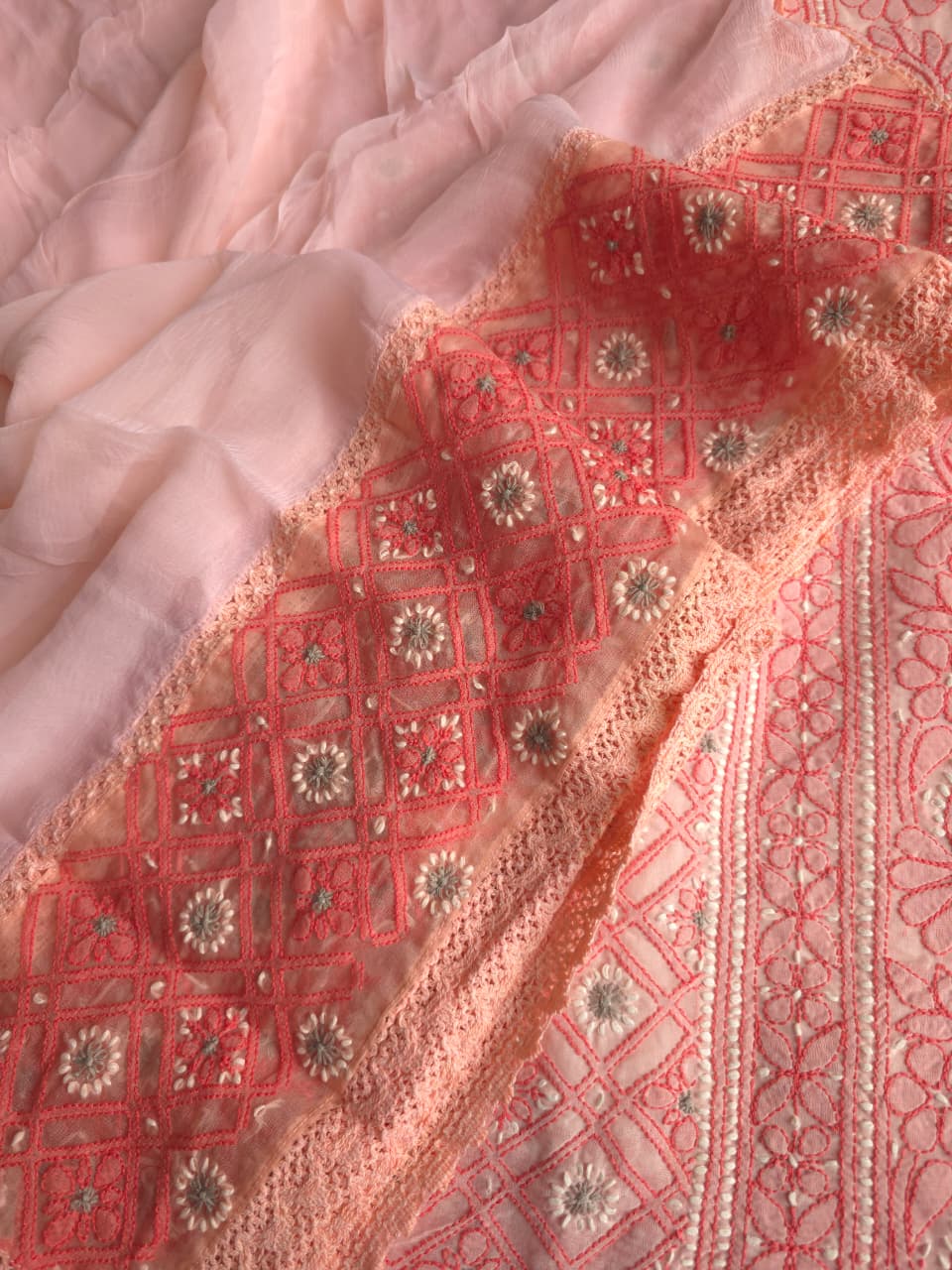 Peachish Pink Premium Cotton full set with contrast handwork