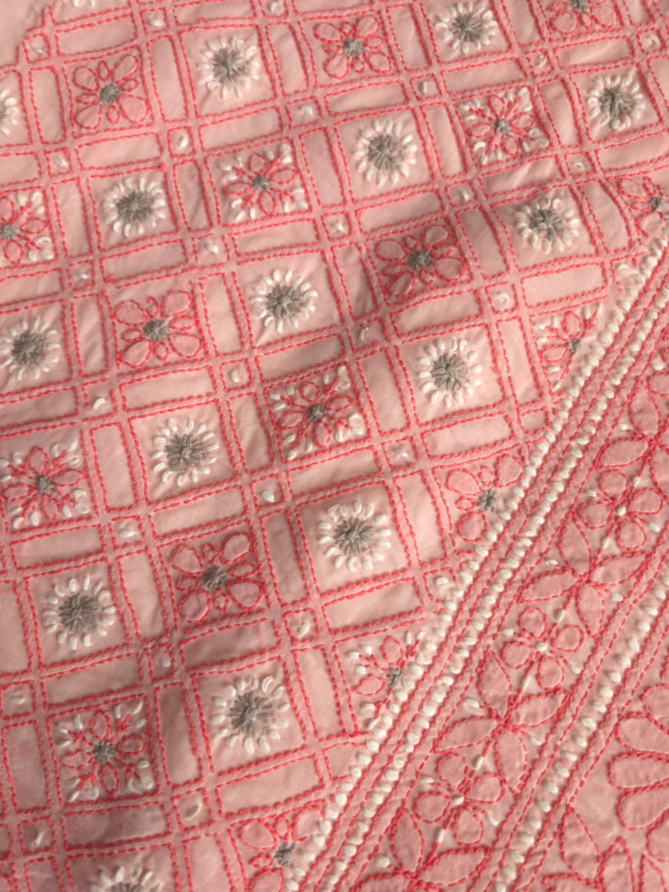 Peachish Pink Premium Cotton full set with contrast handwork