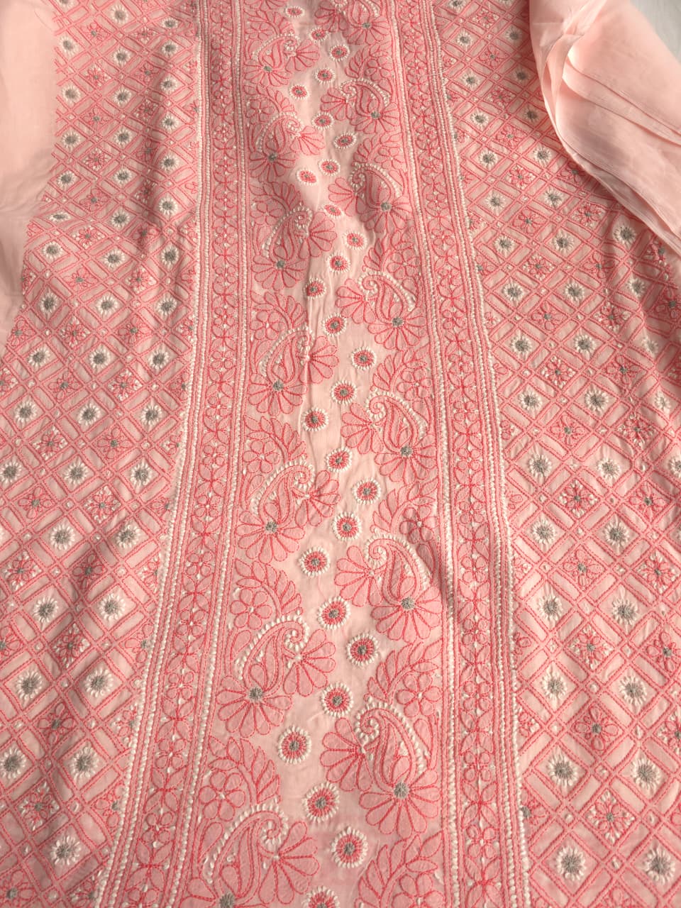 Peachish Pink Premium Cotton full set with contrast handwork