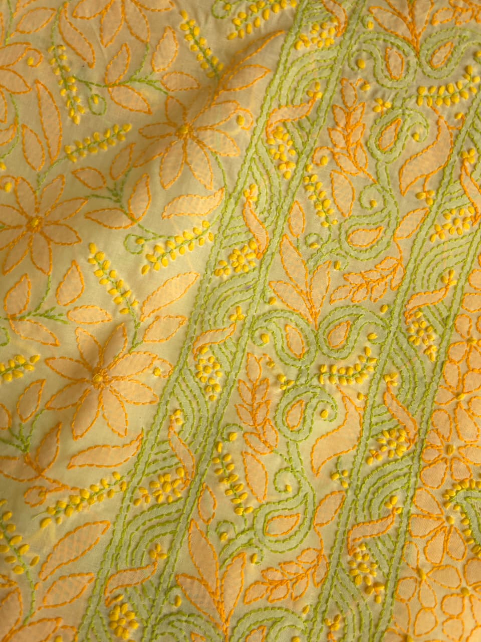 Bright Lemon yellow premium Cotton full set with COntrast chikankari