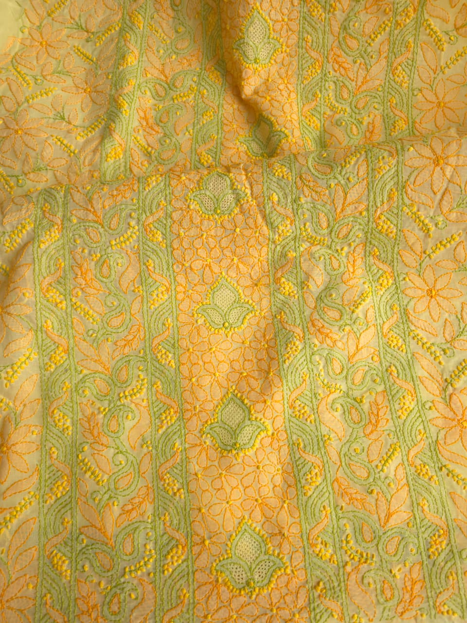 Bright Lemon yellow premium Cotton full set with COntrast chikankari