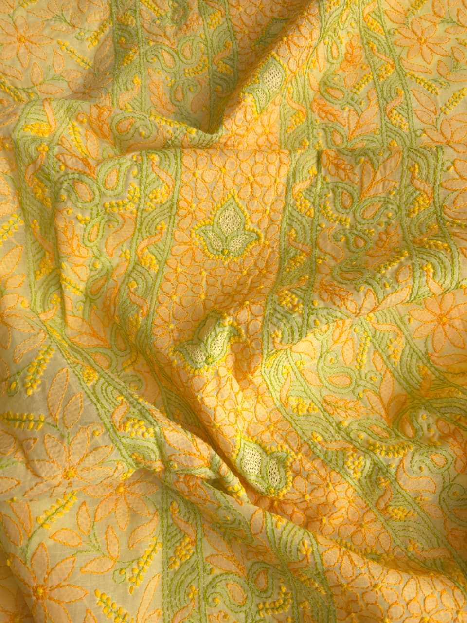 Bright Lemon yellow premium Cotton full set with COntrast chikankari
