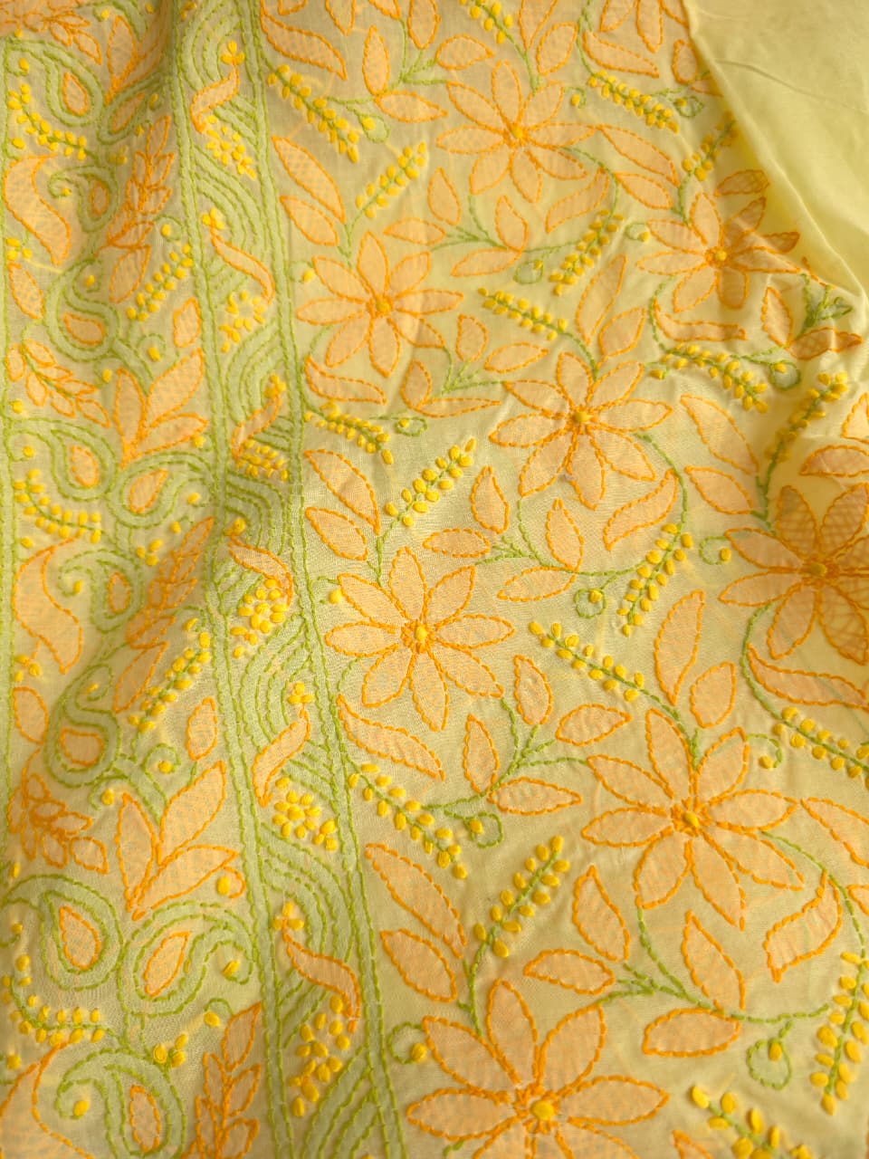 Bright Lemon yellow premium Cotton full set with COntrast chikankari