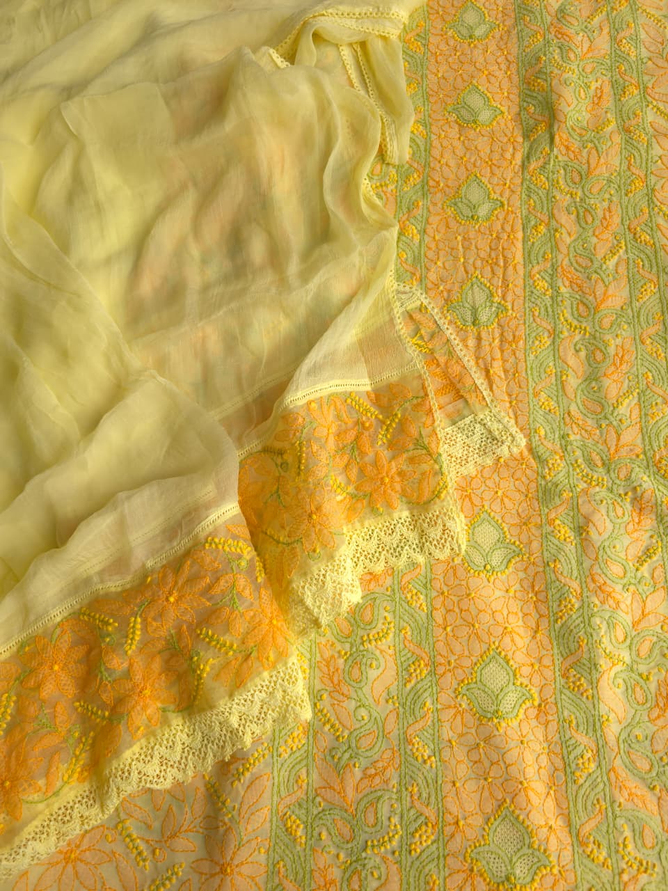 Bright Lemon yellow premium Cotton full set with COntrast chikankari