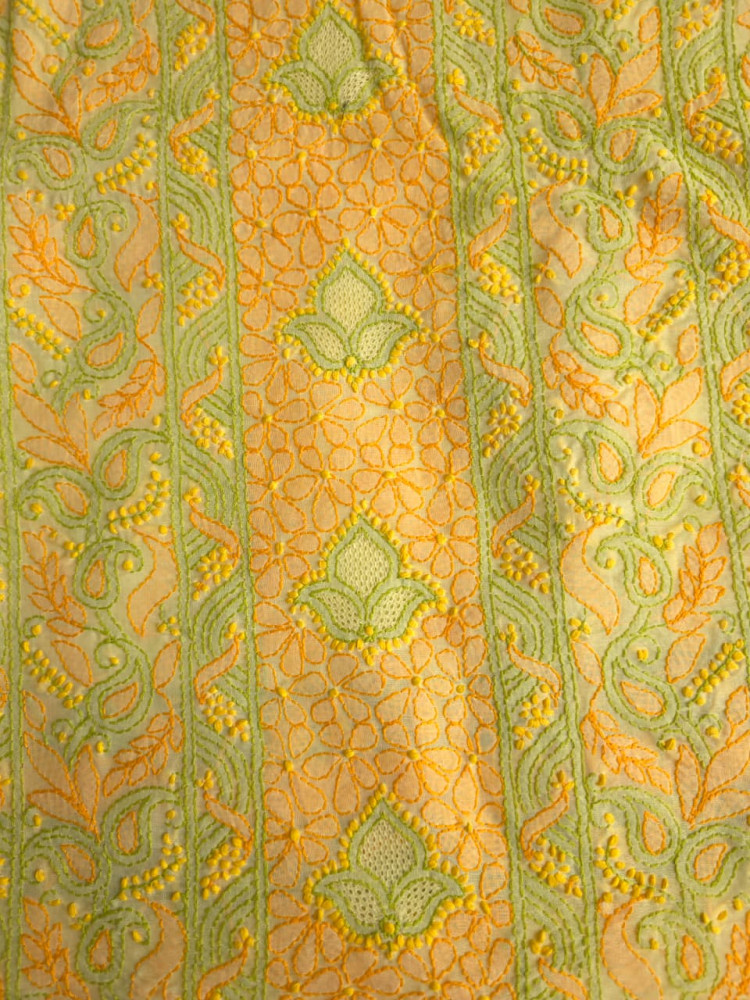 Image of Bright Lemon yellow premium Cotton full set with COntrast chikankari