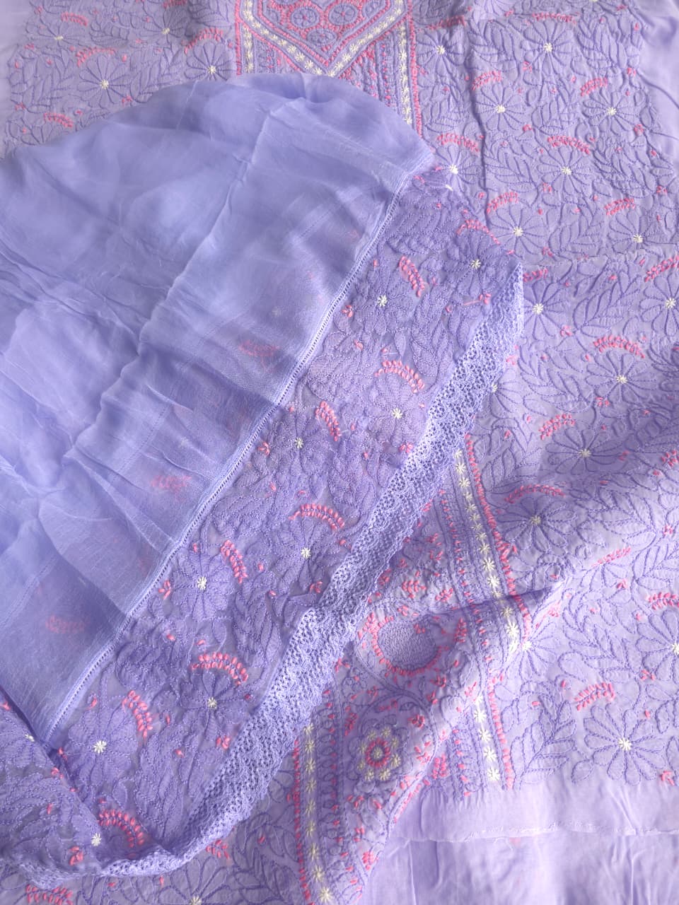 Lavender Premium Cotton Full set with fine handwork with designer dupatta