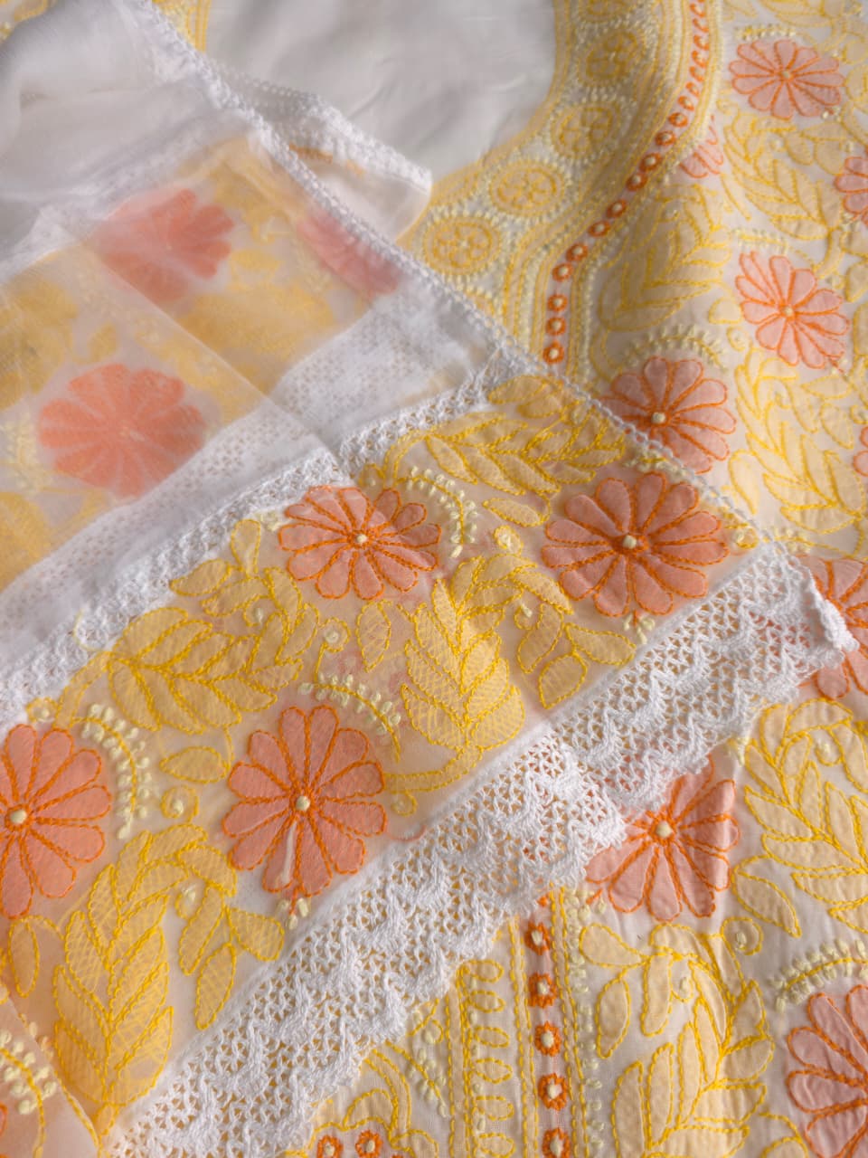 White Premium cotton set with Multicolored handwork and Designer Dupatta