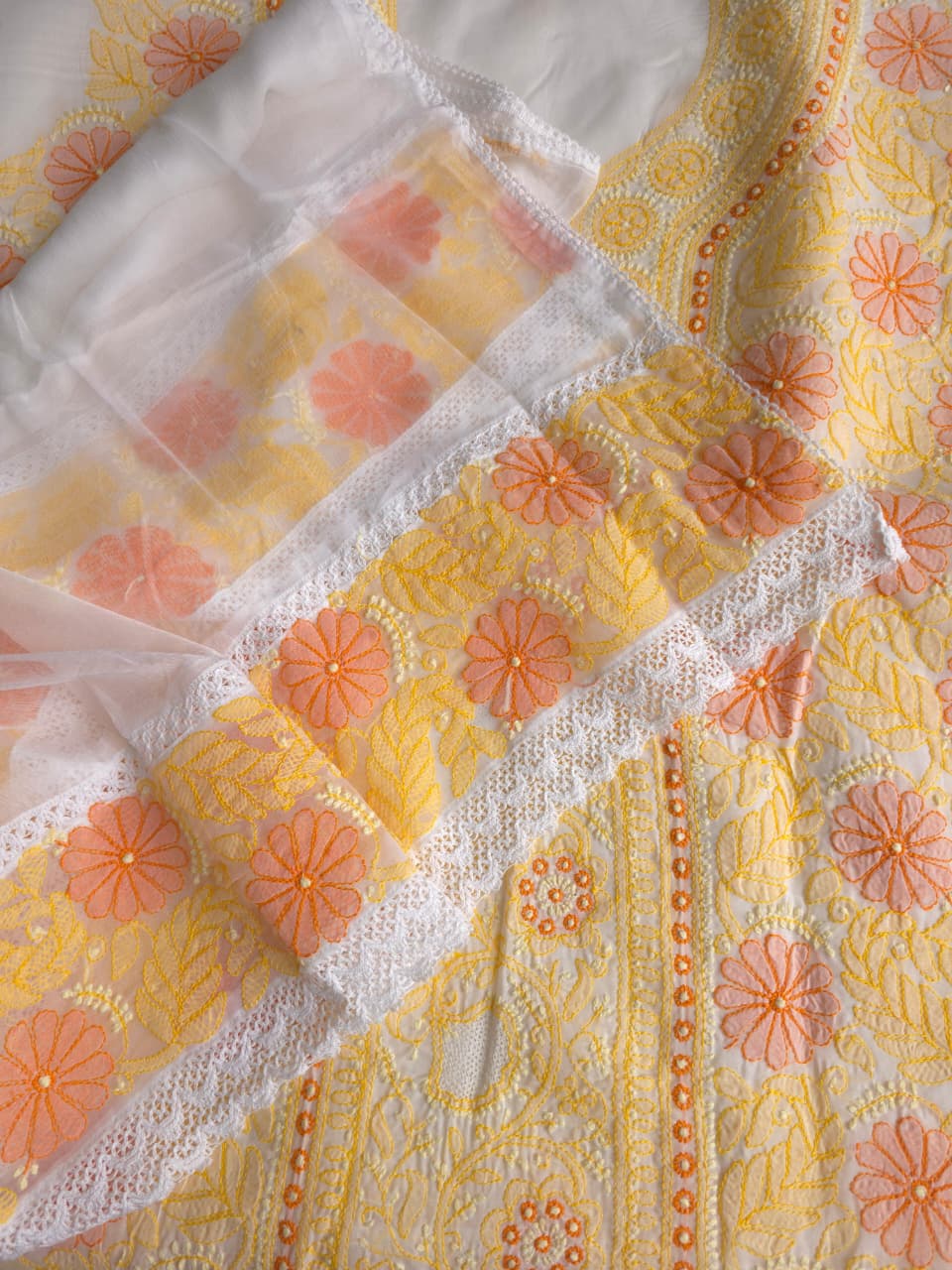 White Premium cotton set with Multicolored handwork and Designer Dupatta