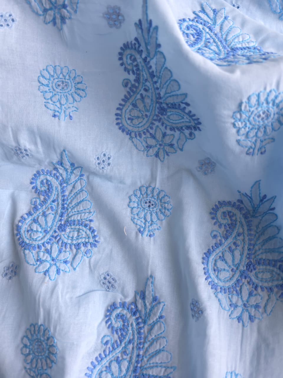 Blue cotton full suit with contrast fine chikankari and designer dupatta