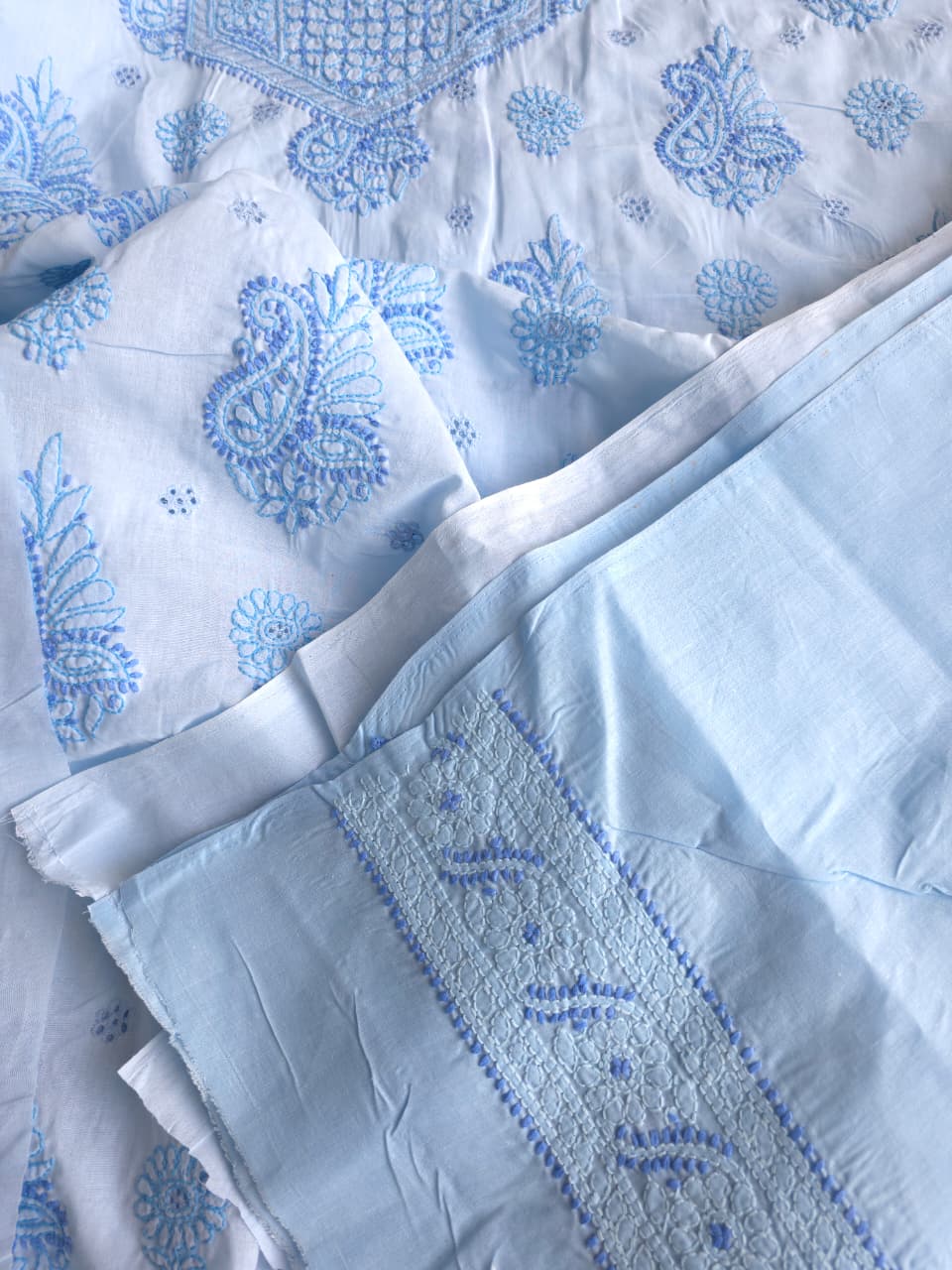 Blue cotton full suit with contrast fine chikankari and designer dupatta