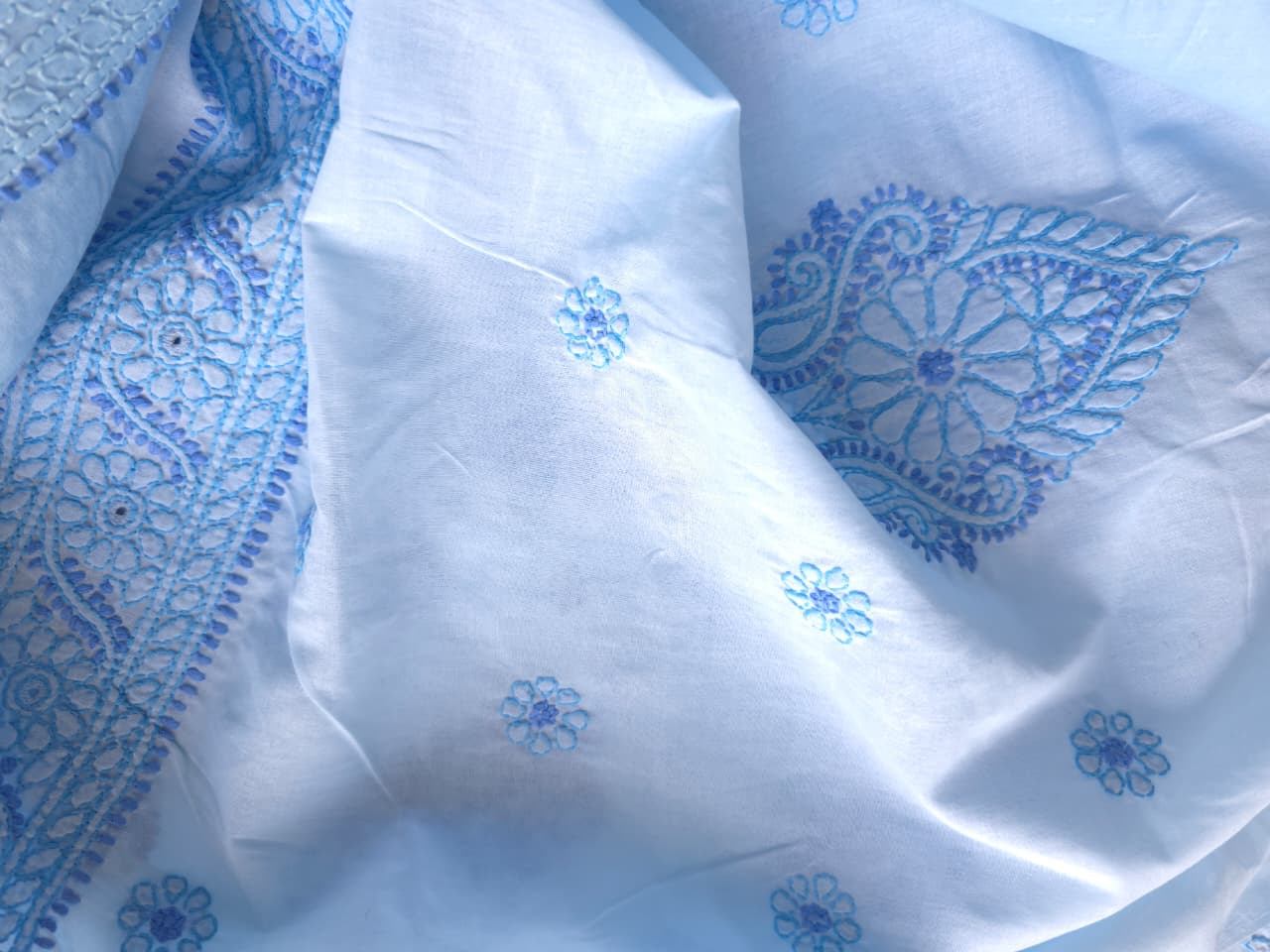 Blue cotton full suit with contrast fine chikankari and designer dupatta