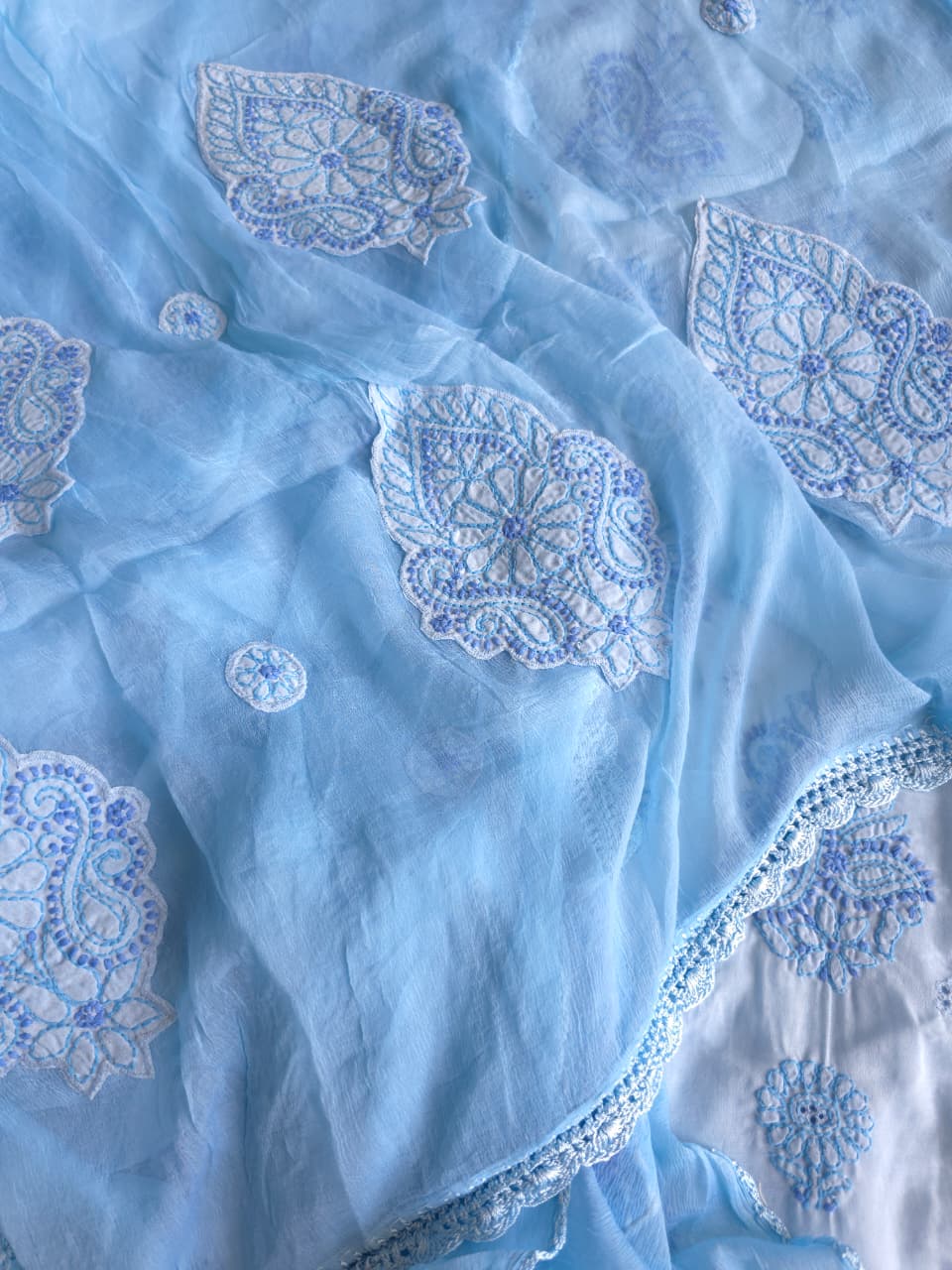 Blue cotton full suit with contrast fine chikankari and designer dupatta
