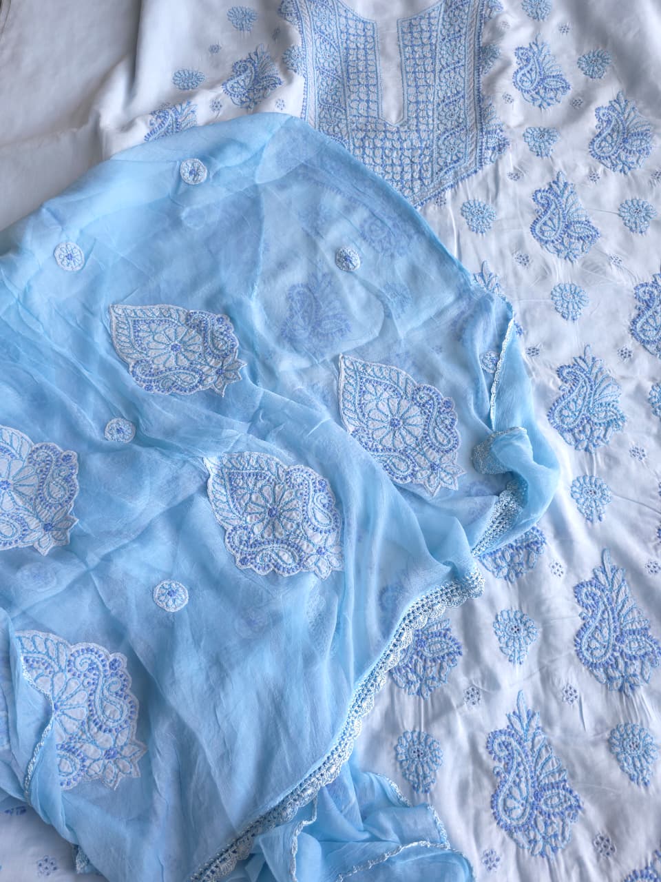 Blue cotton full suit with contrast fine chikankari and designer dupatta