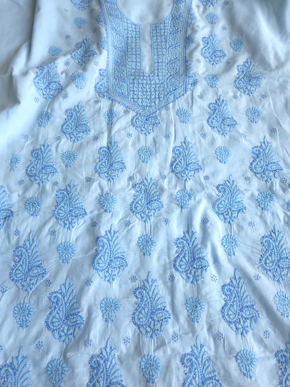 Blue cotton full suit with contrast fine chikankari and designer dupatta