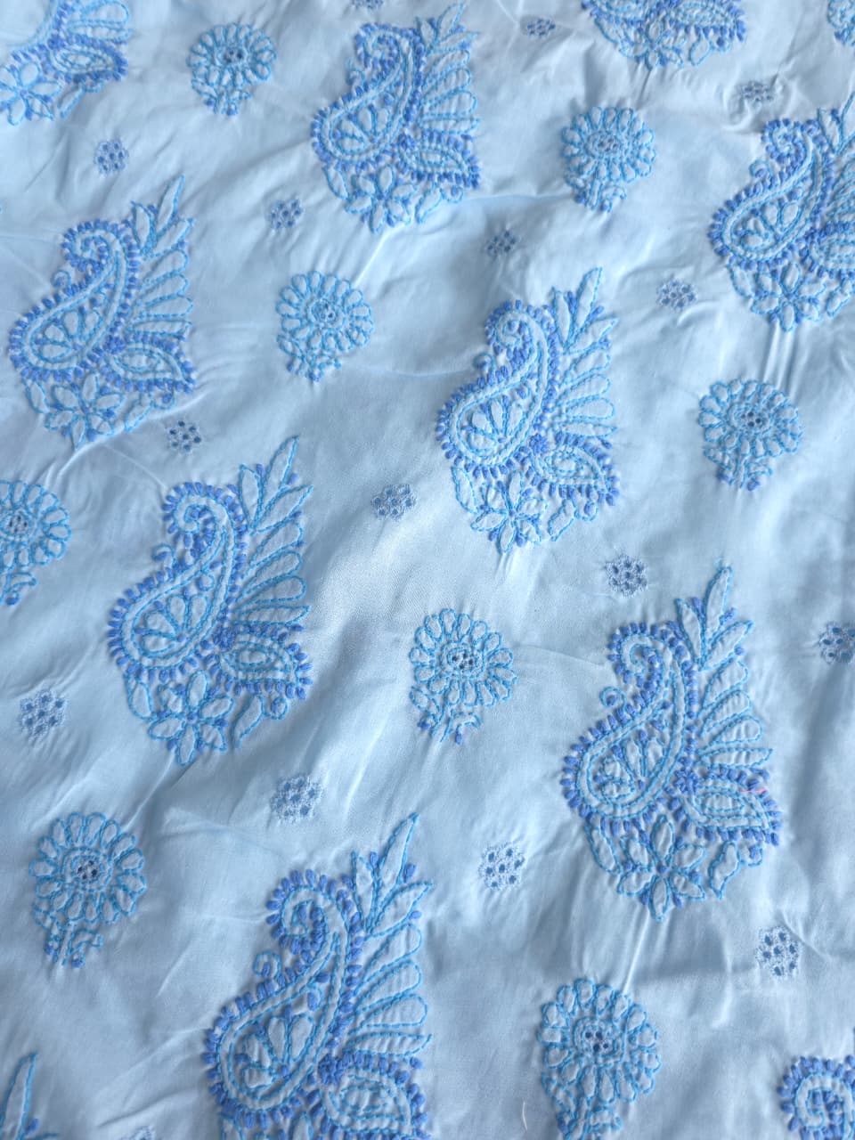 Blue cotton full suit with contrast fine chikankari and designer dupatta