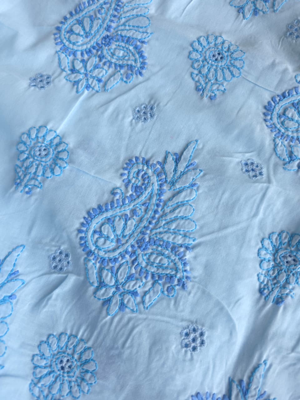 Blue cotton full suit with contrast fine chikankari and designer dupatta
