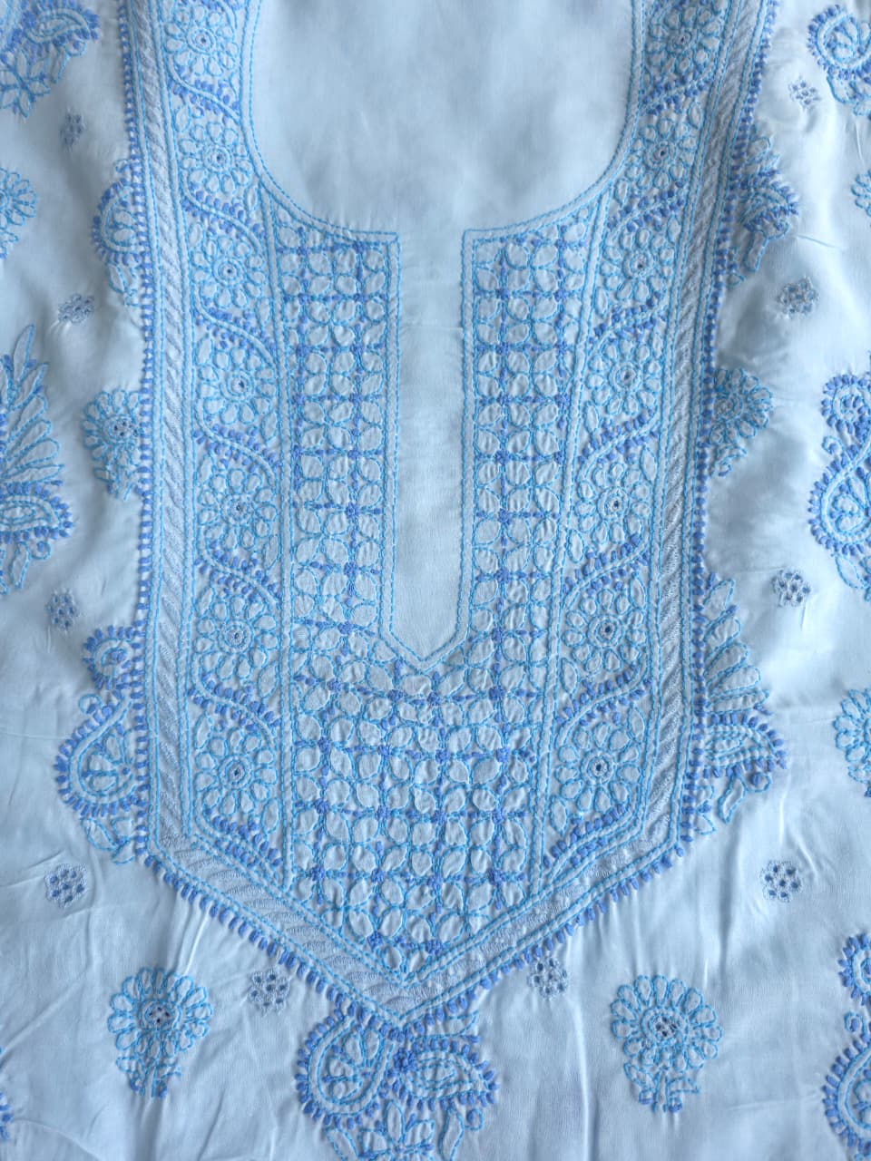 Blue cotton full suit with contrast fine chikankari and designer dupatta